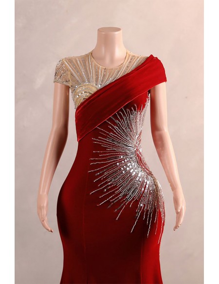 Burgundy Bodycon Velvet Long Formal Dress with Embroidered Beadings