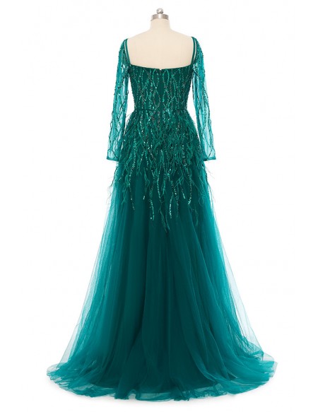 High-end Green Long Tulle Sequined Prom Dress with Sheer Long Sleeves