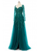 High-end Green Long Tulle Sequined Prom Dress with Sheer Long Sleeves