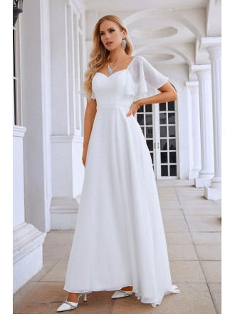 Sweetheart White Chiffon Split Front Wedding Dress with Sleeves