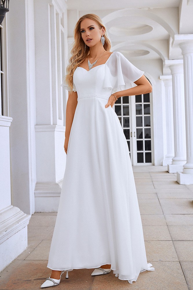 Sweetheart White Chiffon Split Front Wedding Dress with Sleeves C5712