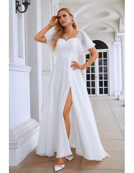 Sweetheart White Chiffon Split Front Wedding Dress with Sleeves