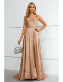 Simple Khaki Aline Split Front Long Prom Dress with Straps