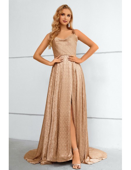 Simple Khaki Aline Split Front Long Prom Dress with Straps
