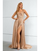 Simple Khaki Aline Split Front Long Prom Dress with Straps