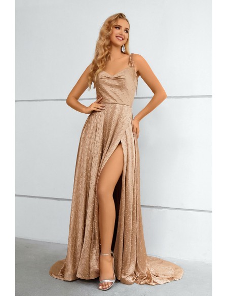 Simple Khaki Aline Split Front Long Prom Dress with Straps