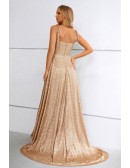 Simple Khaki Aline Split Front Long Prom Dress with Straps
