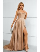 Simple Khaki Aline Split Front Long Prom Dress with Straps