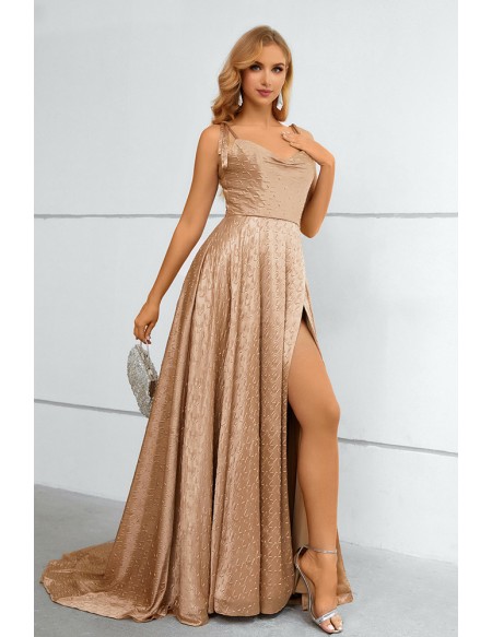 Simple Khaki Aline Split Front Long Prom Dress with Straps