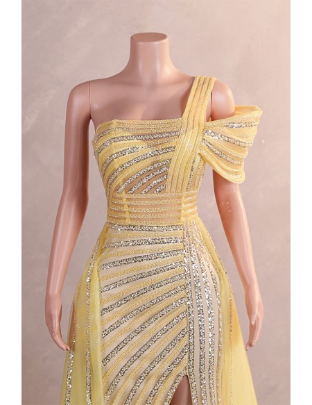 Sexy Gold Sequined Split Front Tulle Prom Dress