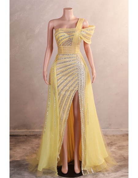 Sexy Gold Sequined Split Front Tulle Prom Dress