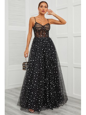 Dreamy Little Stars Black Tulle Prom Dress with Corset Top