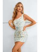 Sparkly Sequined Mini Bodycon One Shoulder Hoco Party Dress