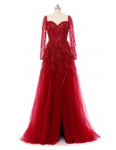High-end Red Long Tulle Sequined Prom Dress with Sheer Long Sleeves