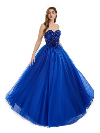 Royal Blue Sweetheart Sequined Top Ballgown Long Prom Dress For Formal