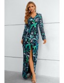 Sparkly Sequined Pattern Split Front Sexy Prom Dress with Long Sleeves