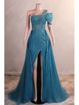 Sexy Blue Sequined Split Front Tulle Prom Dress