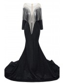 Black Bodycon Long Sleeved Prom Dress with Bling Tassels
