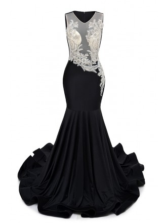 Sexy Sheer Top Embroidered Black Fitted Mermaid Prom Dress with Train