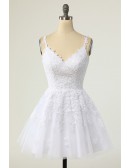 White Appliques Lace Tulle Vneck Homecoming Dress with Straps