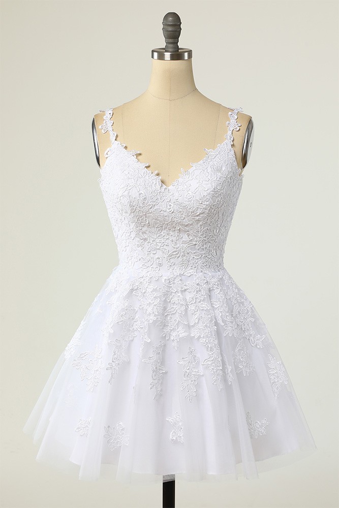 White Tulle A Line Homecoming Dress with Appliques