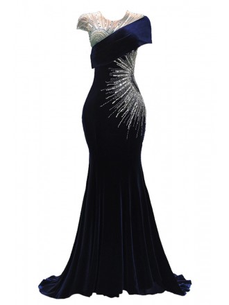 Navy Blue Bodycon Velvet Long Formal Dress with Embroidered Beadings
