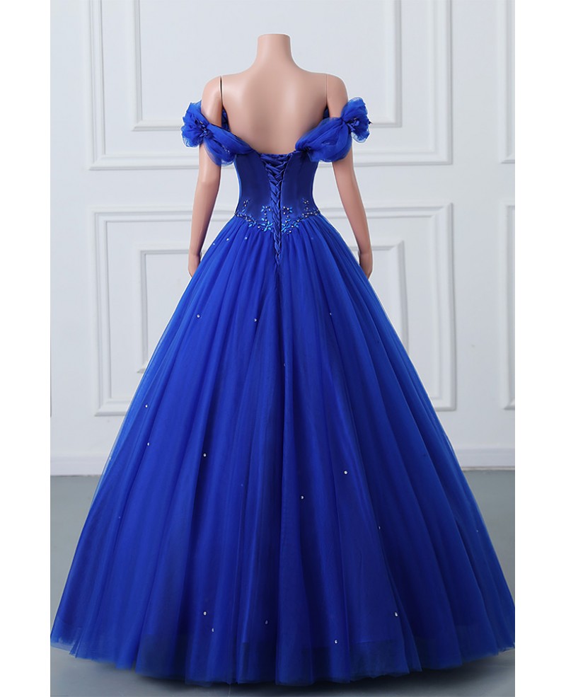 Royal Blue Ballgown Tulle Off Shoulder Prom Dress With Beadings C5803 