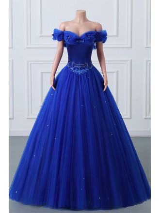 Royal Blue Ballgown Tulle Off Shoulder Prom Dress with Beadings