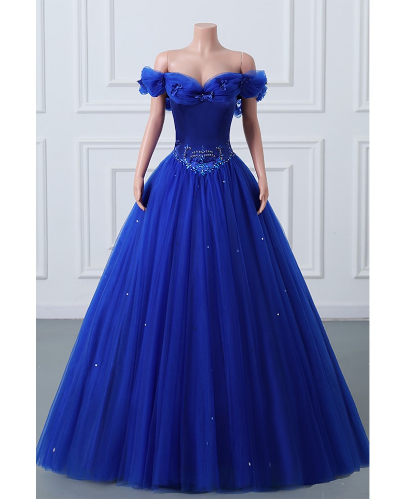 Royal Blue Ballgown Tulle Off Shoulder Prom Dress with Beadings C5803 ...