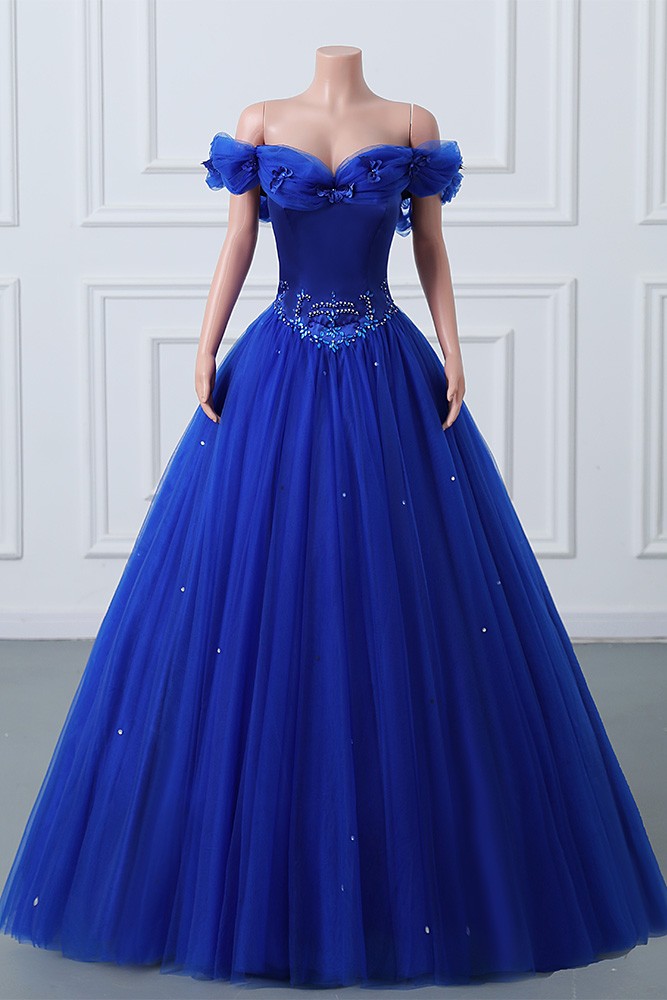 Fashionable Royal Blue Tulle Beaded Off Shoulder Prom Dress, Long Party Dress
