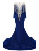 Blue Bodycon Long Sleeved Prom Dress with Bling Tassels