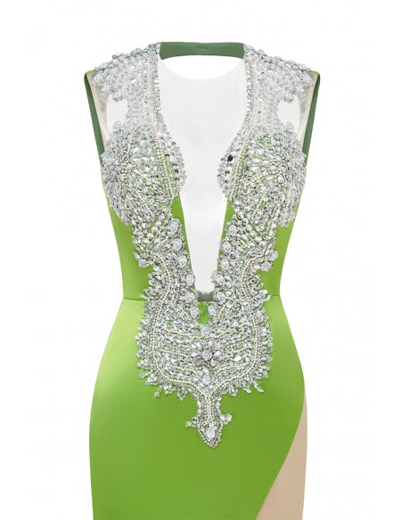 Fitted Green Sleeveless Mermaid Prom Dress with Luxury Beaded Jewelry