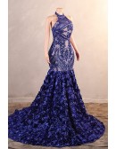 Blue Flowers Long Halter Bodycon Prom Dress with Open Back