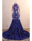 Blue Flowers Long Halter Bodycon Prom Dress with Open Back