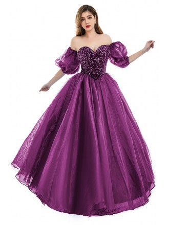Purple Sweetheart Sequined Top Ballgown Long Prom Dress For Formal