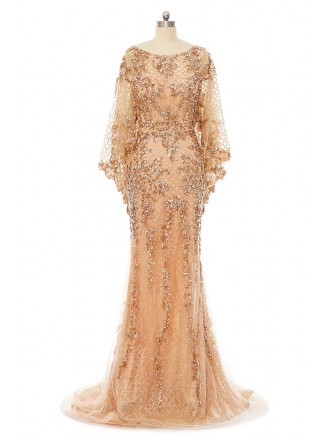 Gold Sequined Lace Cape Style Mermaid Evening Prom Dress