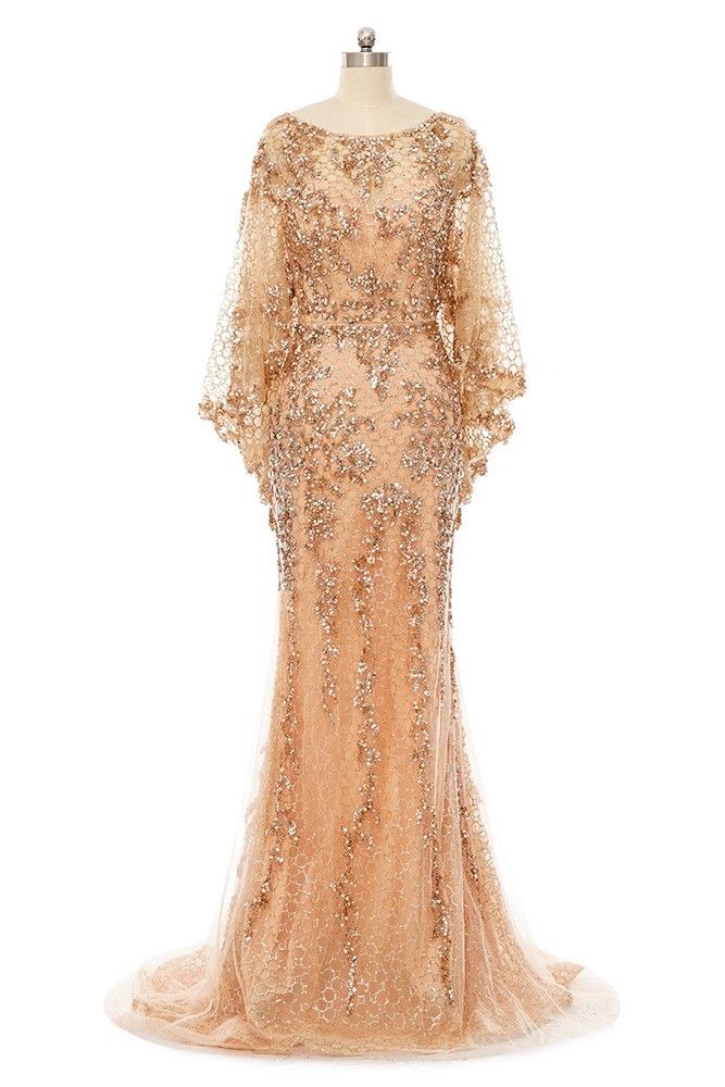 Cap Sleeves Sequins LACE Mermaid Dress Gold