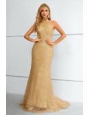 Gold Long Halter Mermaid Prom Dress with Open Back