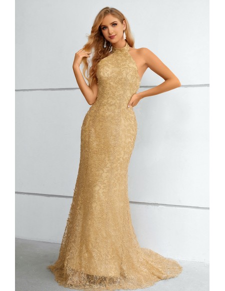 Gold Long Halter Mermaid Prom Dress with Open Back