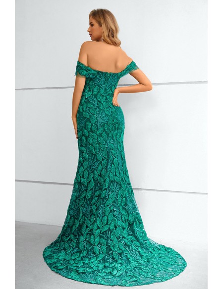 Green Leaf Lace Off Shoulder Mermaid Prom Dress
