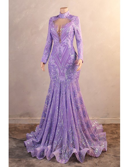 Sparkly Sequins High Neck Long Prom Dress with Long Sleeves