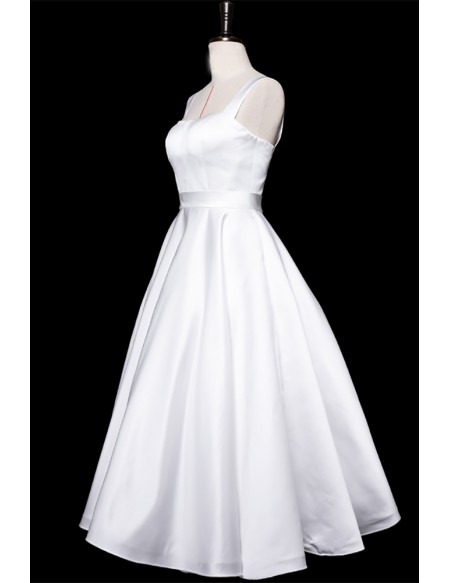 Retro White Satin Tea Length Wedding Dress With Straps