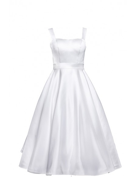 Retro White Satin Tea Length Wedding Dress With Straps