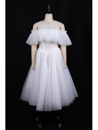 Special Cold Shoulder Tea Length Tulle Wedding Dress