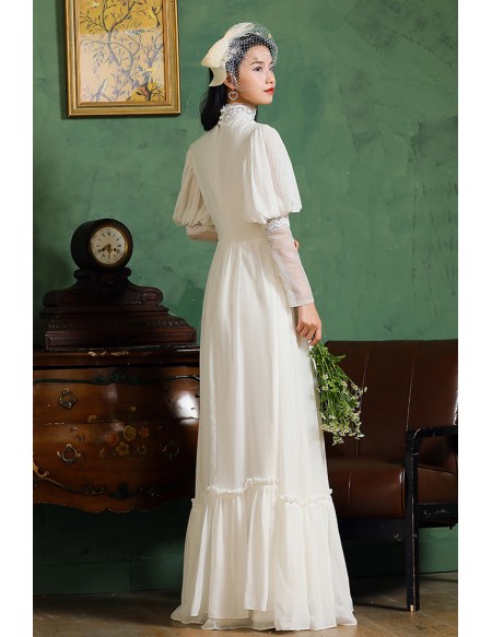 Retro Lace High Collar Aline Wedding Dress With Bubble Sleeves