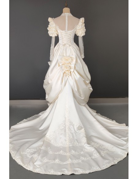Vintage Champagne Satin Ruffled Wedding Dress With Bubble Long Sleeves