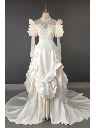 Vintage Champagne Satin Ruffled Wedding Dress With Bubble Long Sleeves