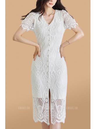 Gorgeous White Lace Bodycon Dress with Short Sleeves