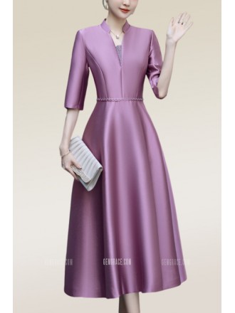 Vneck Stand Collar Aline Wedding Guest Dress with Half Sleeves