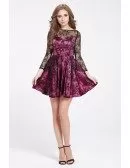 Purple and Black Lace 3/4 Sleeve Short Dress